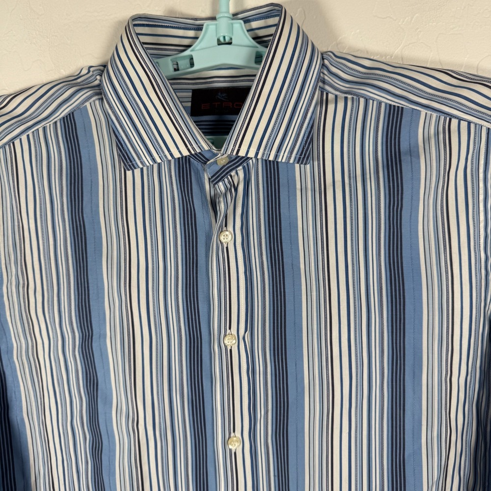 Etro Shirt Mens 42 Blue‎ White Button Up Long Sleeve Striped Casual Cotton Italy